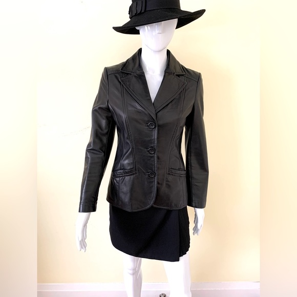 Danier Black Genuine Leather Blazer Button Jacket Goth Matrix Double Collar XXS - Picture 2 of 16